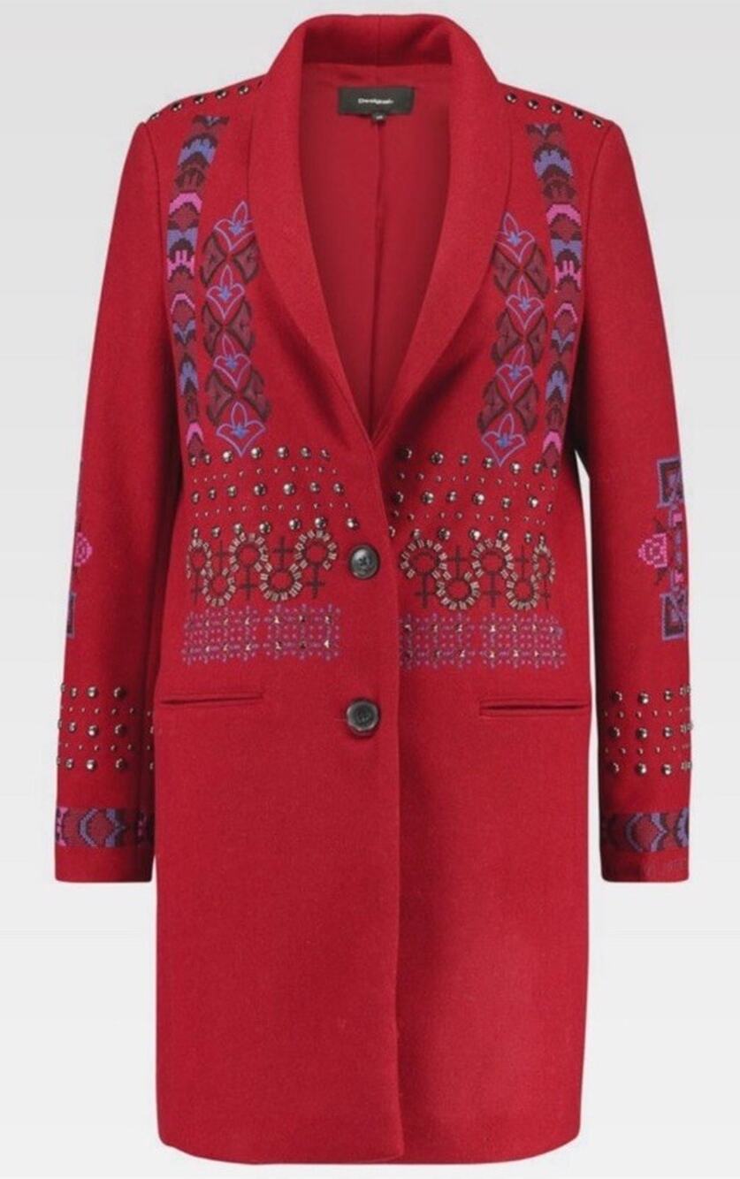 NWT Desigual Dylan Wool Coat US 8 Red Embroidered Studded Winter Jacket